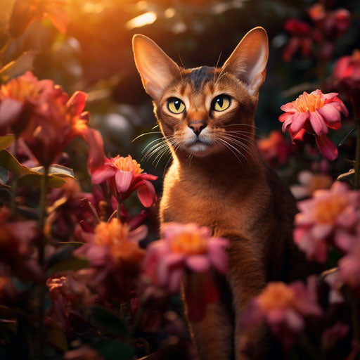Abyssinian cat in flower bed with beautiful flowers