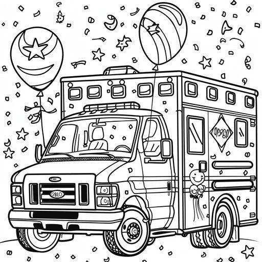 Festive ambulance with balloons and confetti