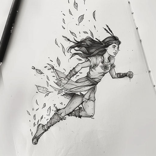 Dynamic flat tattoo sketch of Artemis in motion, with a trail of leaves following her
