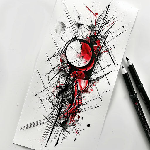 Modern flat tattoo sketch with geometric chaos elements in sharp black and red
