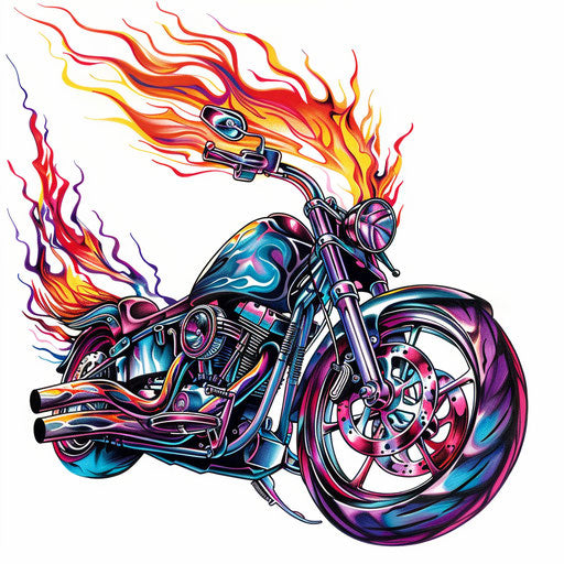 Colorful motorcycle tattoo design with vibrant flames