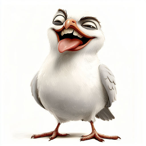 Humorous caricature of a dove with human characteristics