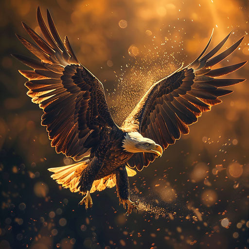 Bald eagle spreading wings, golden light, Ashraful Arefin style