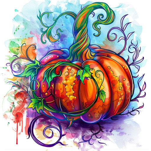 Vibrant and colorful sketch of a pumpkin with swirling vines in a clipart style