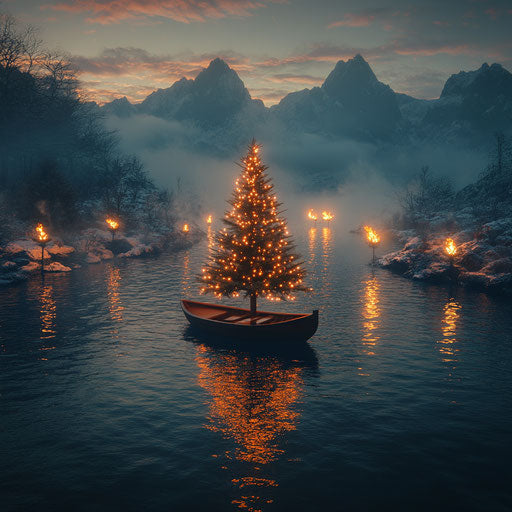Floating Christmas tree in the middle of a serene lake, lit by torches