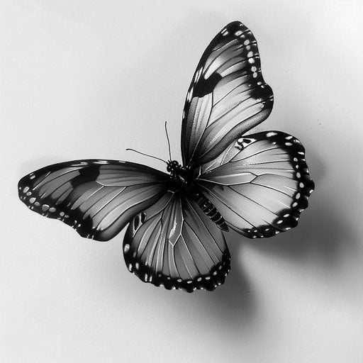 Realistic 3D black and grey butterfly tattoo on flat white background