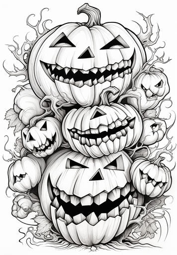 Seven scary pumpkins coloring, columns and totems style, caricature punctuated, c-mount lens, ferrania p30, piles/stacks, jack davis, poster 23:33