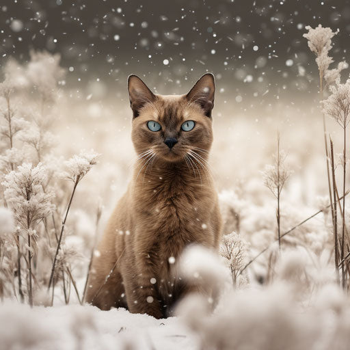 Burmese cat in a field while it is snowing