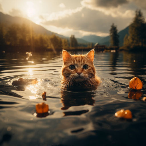 Ginger cat swimming in a lake by the shore