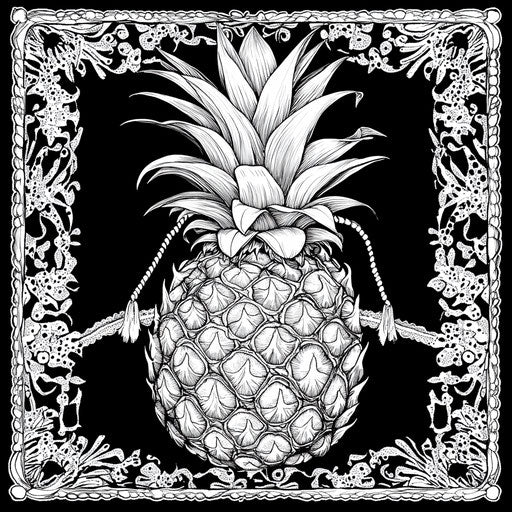 Intricate lace with pineapple in the style of Gennady Spirin, Coloring book page