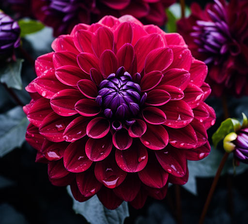 Purple Dahlia flower blooms in garden, dark red style