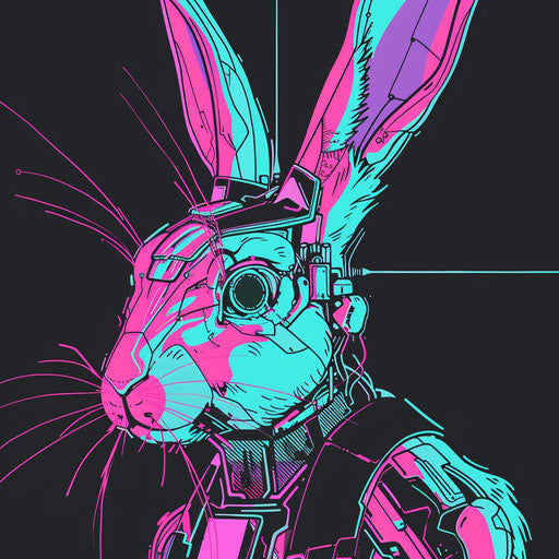 Futuristic bunny sketch with neon lines and cyberpunk elements