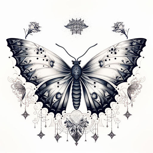 Psychedelic illustration of an origami moth with paper wings