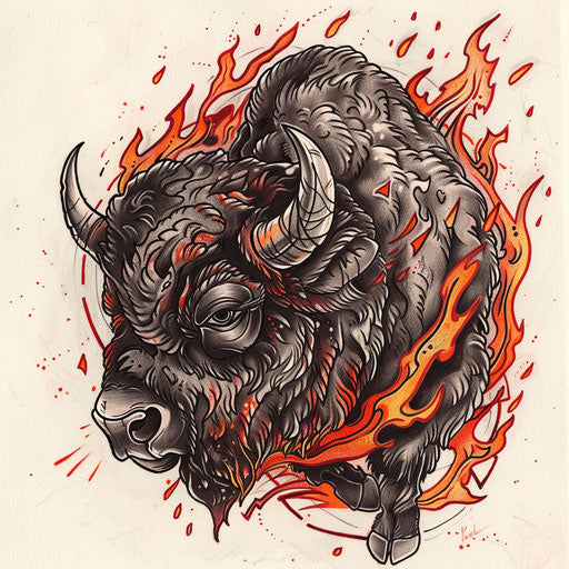 Energetic bison tattoo sketch with red and orange fiery accents