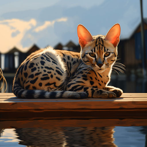 a serval cat lying on a dock