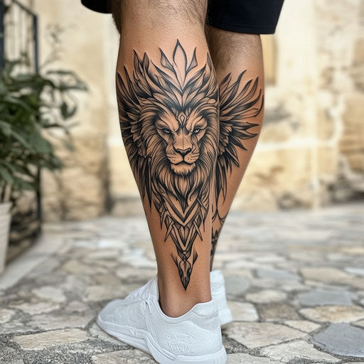 Shin tattoo with bold tribal wings and a fierce lion