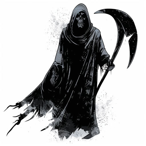 Grim reaper holding a scythe, dark and moody tattoo design on a bright white background.