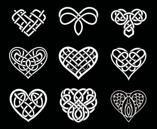 Celtic heart tattoos, romantic graffiti style, intricate weaving, dark silver and white, caffenol developing 75:62