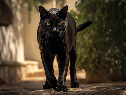 Black cat walking down a driveway, prehistoric style