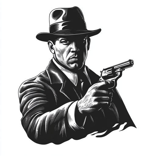 Mafia tattoo sketch with shadowy figure holding a pistol