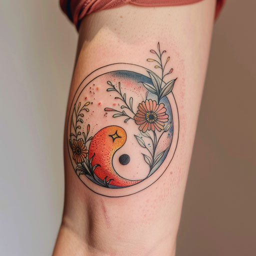 Neo-traditional yin and yang tattoo with bold outlines and vibrant colors
