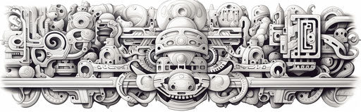 Black and white doodle or ornamental design in the style of Afrofuturism-inspired art of Tonga, detailed architectural scenes, white background, heavy inking, rich colors