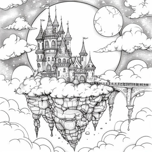 Whimsical cloud castle above a magical landscape