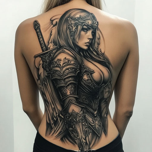 Female back tattoo in Glenn Fabry style fierce warrior goddess