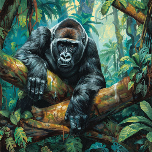 Gorilla pondering on fallen log in lush rainforest