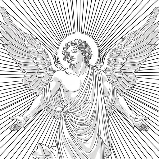 Simple and bold angel outline with a peaceful expression and open arms. Coloring book page