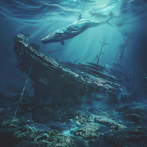 Haunting beauty of a shipwreck on the ocean floor with a blue whale silently gliding past