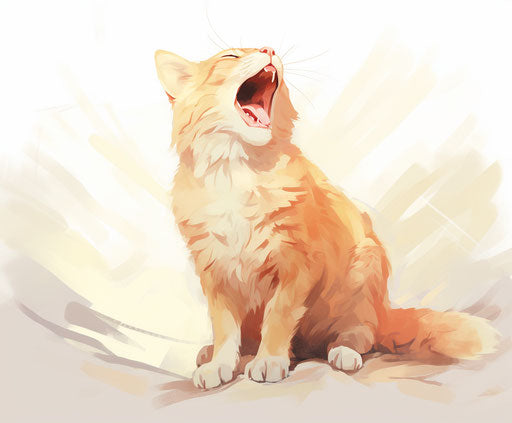 Yawning orange cat standing and looking at the camera