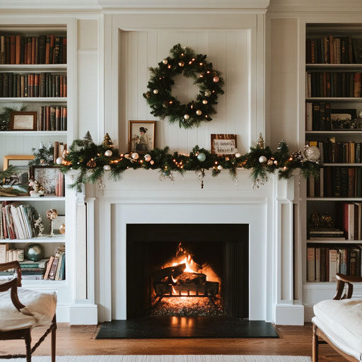 Fireplace with holiday classics on bookshelf and vintage cards and baubles on mantle