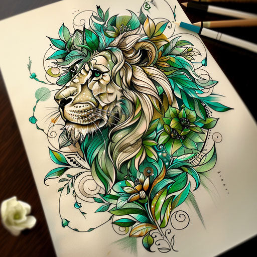 Botanical-themed tattoo sketch of the Lion of Judah