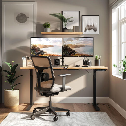 Modern work-from-home setup with dual monitors and standing desk