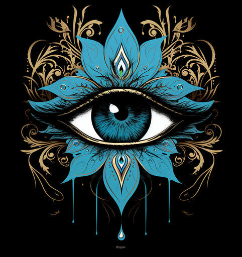 Eye surrounded by lotus floral design, light black and azure style, graphics