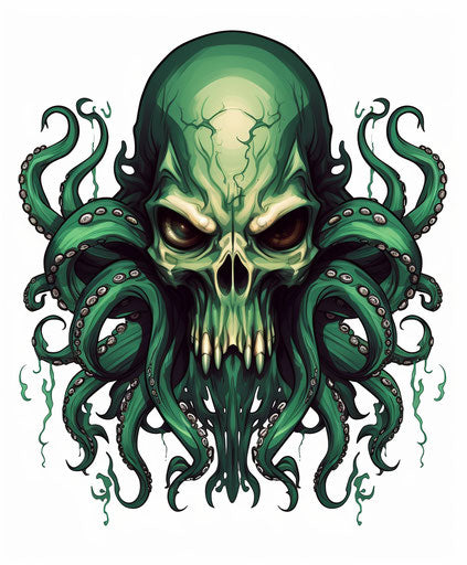 Octopus skull and tentacles on white background, dystopian cartoon