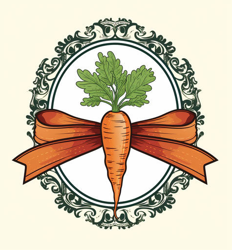 Vegan food logo design carrots ribbon heavy shading maroon