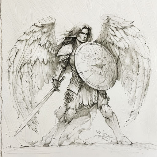 Sketch of an angel warrior holding a shield and sword, protector motif, on a white paper canvas