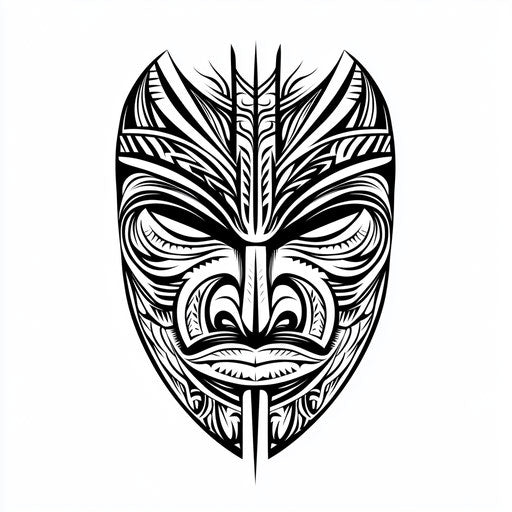 Maori face tattoo with bold lines on white background