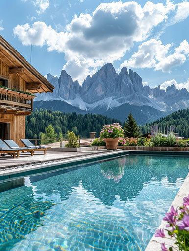 Luxury pool against wooden house with Dolomites in Italy