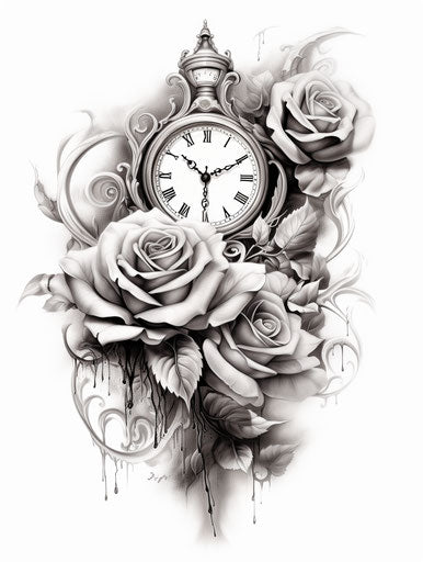 Black and white tattoo with roses and old clock