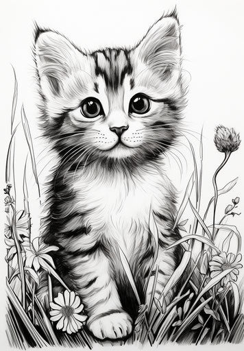 Cartoon kitten sitting in the grass with meticulous inking style, lovely 23:33