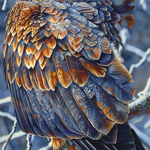 Royal eagle: feather details, first dawn rays, frosty branch