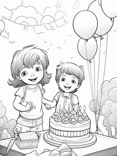Birthday party with balloons and cake, scanner photography style