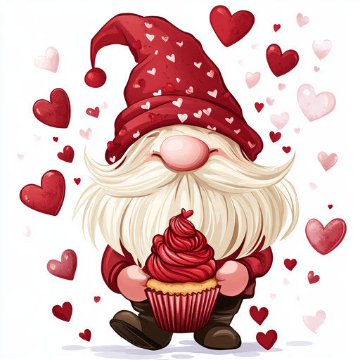 Valentine's Day gnome with roses and hearts, holding red cupcake on white background
