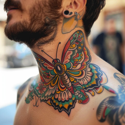 Butterfly neck tattoo with vibrant colors