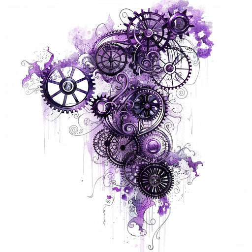 Intricate violet steampunk gears tattoo design