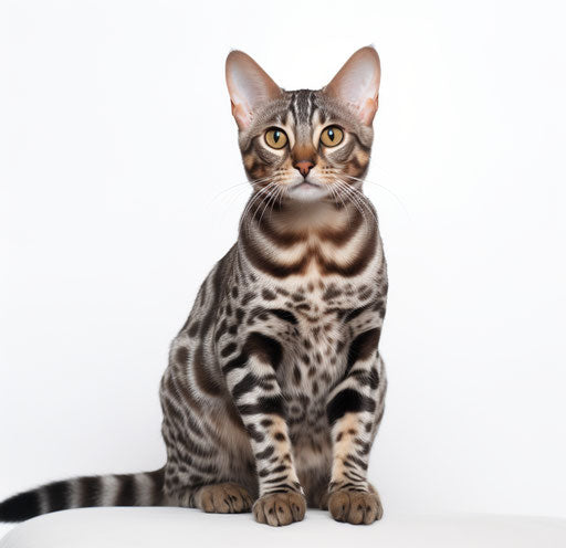 Short-haired Bengal cat in front of white background, dark silver and light maroon style, intricate detailing, smooth lines, polka dots 28:27