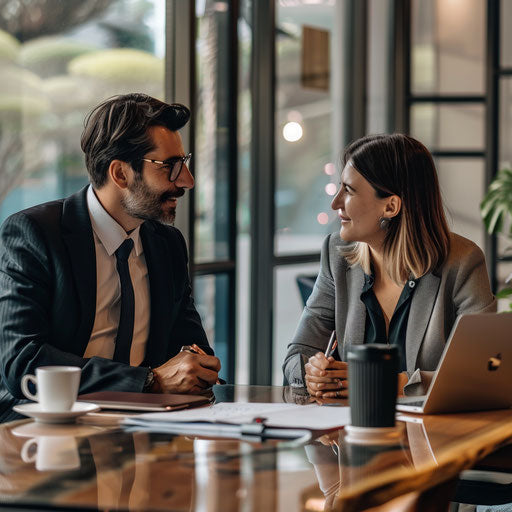 Financial advisor discussing investment plans client sleek meeting room